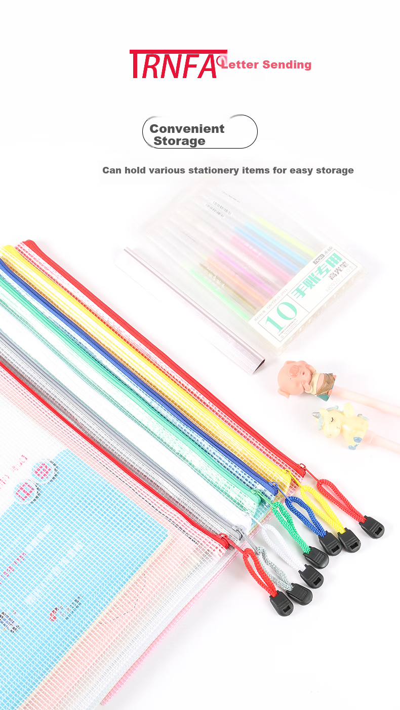 TRNFA TN-2004 (Five Colors), Pack of 10, A4 PVC Transparent Mesh Waterproof Zipper Document Pouch, Office Stationery File Folder, Thickened Travel Storage Bag 1