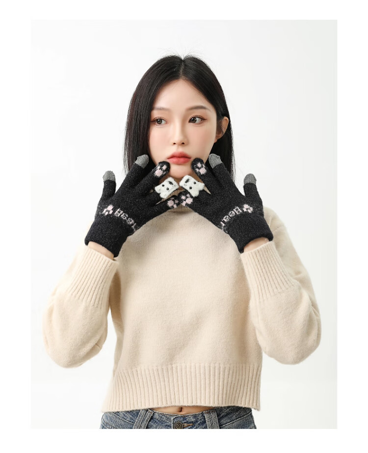 XUEXIMAN Plush Knitted Five-Finger Gloves Women's Winter Warm Thickened Student Touchscreen Cycling Cold Windproof Gloves 7