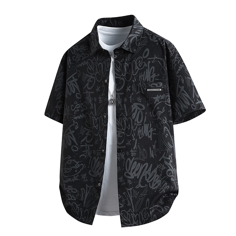 Number One Youth Men's Summer Short Sleeve Shirt Ice Silk Cooling Loose Fit Plus Size Black 4XL 5