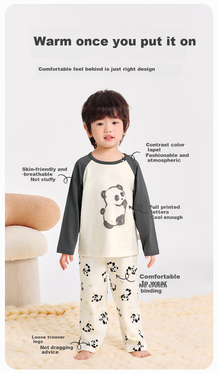 YUZHAOLIN Children's Pajamas Spring Boys' Pure Cotton Home Wear Set Big Kids Clothing Children's Apparel Hand-Drawn Panda Desig 1