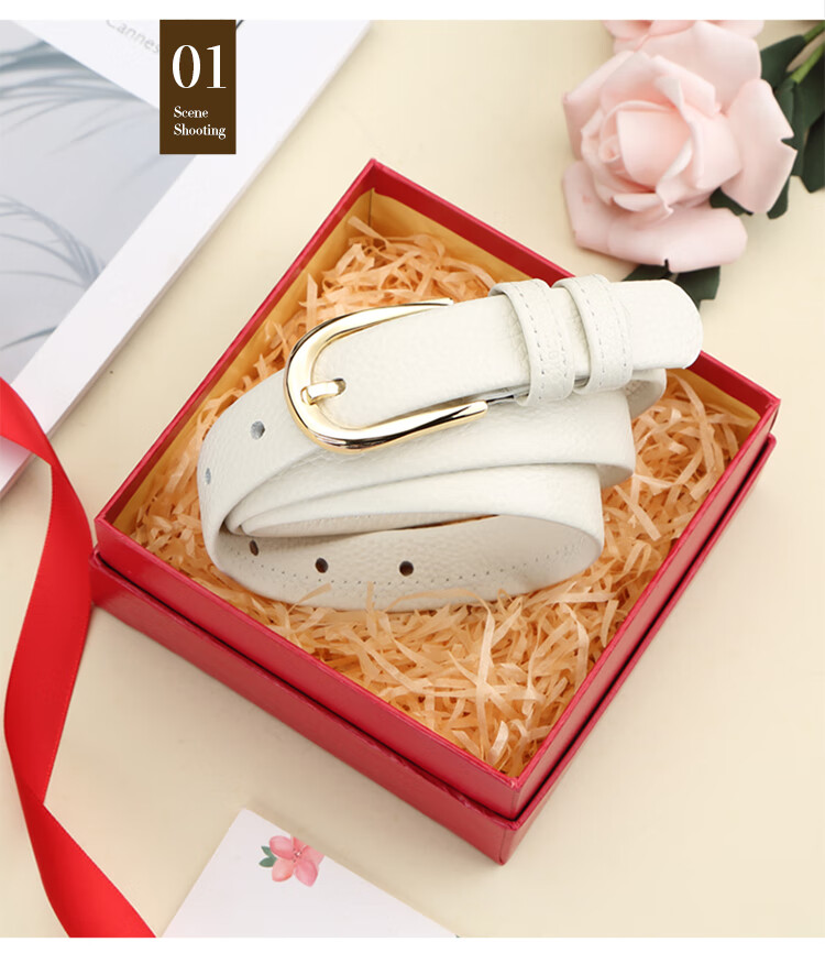 CROCODILE Belt, Fashionable Top-Layer Cowhide Soft Women's Simple Pin Buckle Belt, Birthday Gift, 11430 White, Gift for Girlfriend 3