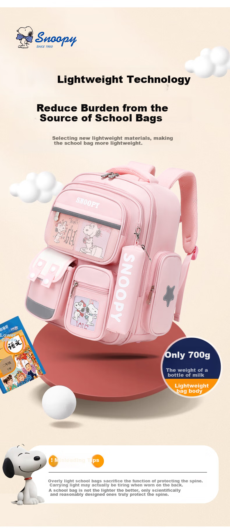 SNOOPY Elementary School Backpack Lightweight Children's Spine-Protecting Load-Reducing Shoulder Bag for Grades 4-6, Large Pink Size 3