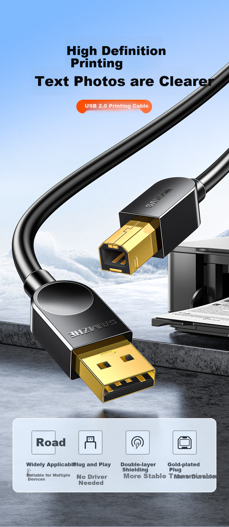 SAMZHE Printer Data Cable, 3 Meters, USB 2.0 AM/BM Square Connector, High-Speed Printing Cable, Supports HP, Canon, Epson Printers, Upstream Cable B Line SD-30C 2