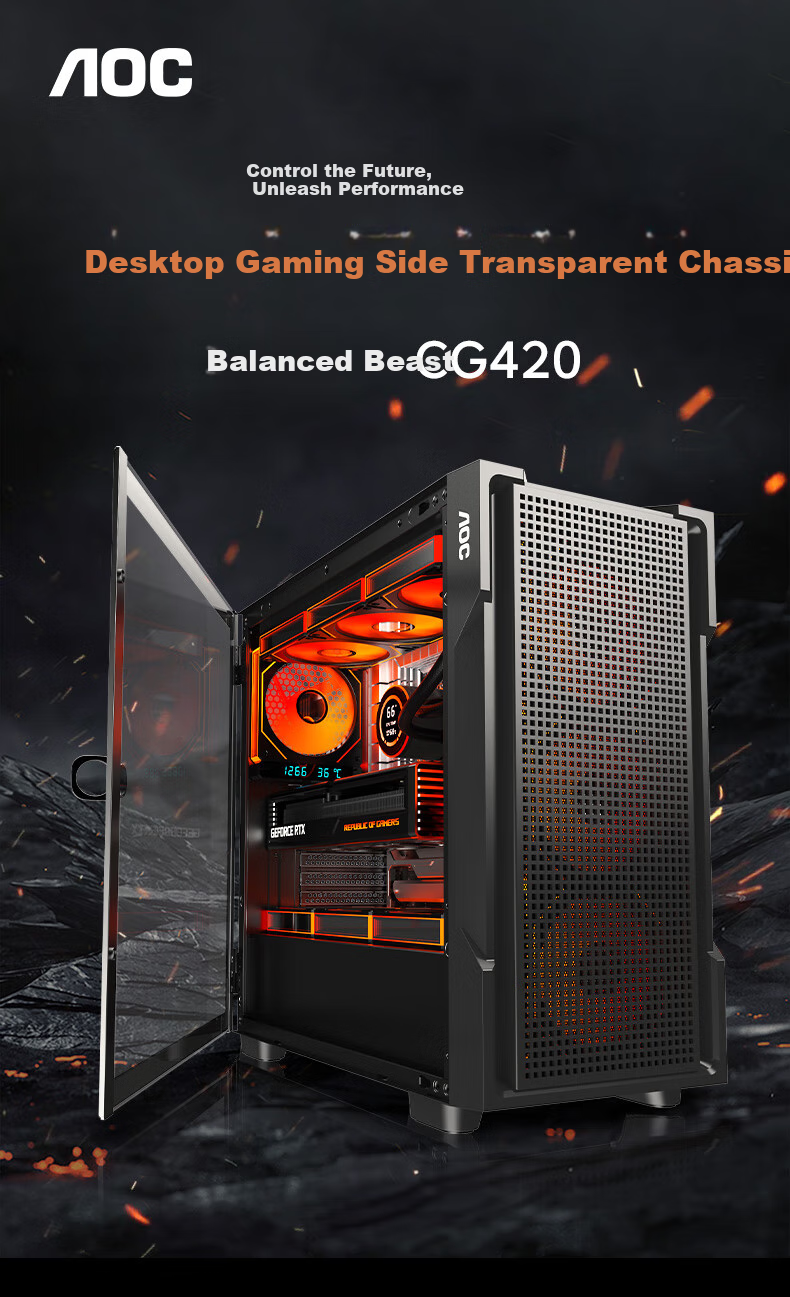 AOC CG397BSE Black Gaming Office Desktop Computer Case ATX Motherboard Support 240mm Water Cooling 8 Fan Slots Mesh Cooling 7 PCI Slots Compatible with 5070 1
