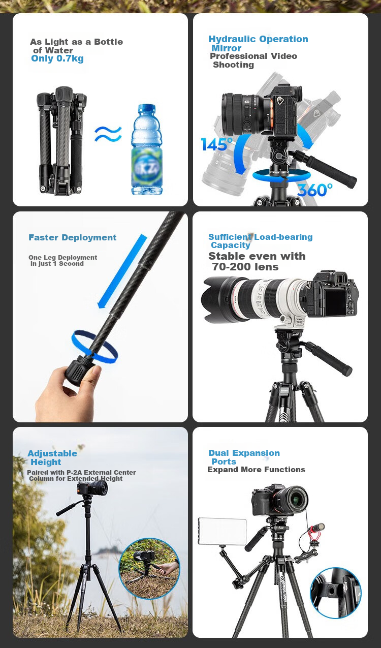 Fotopro Air Three Mini Video Phone Live Streaming Photography Carbon Fiber Video Shooting Hydraulic Tripod Camera Stand with Phone Clamp Included 2