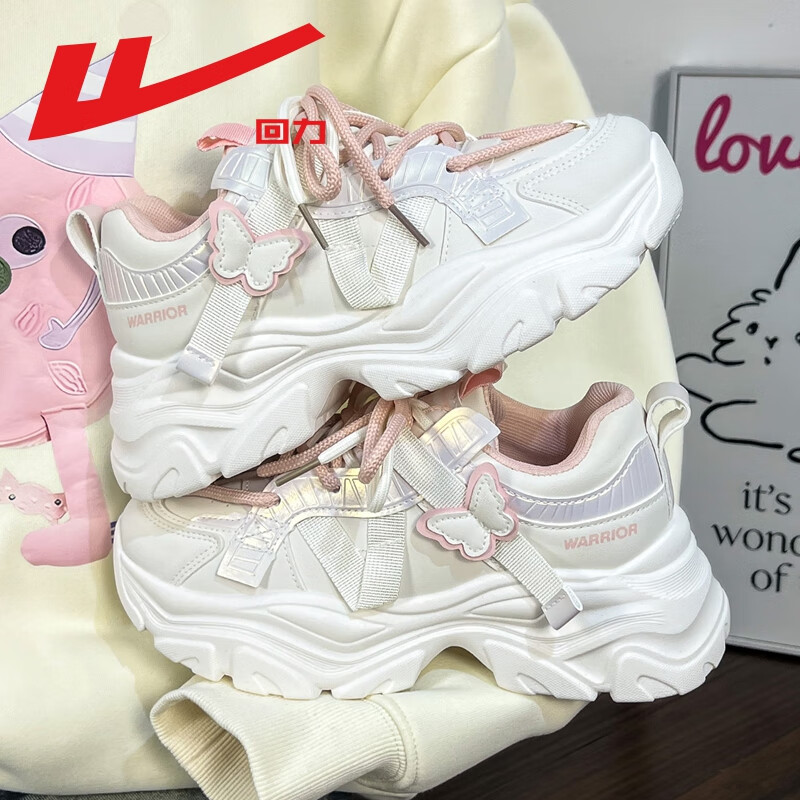 Warrior Women's Dad Sneakers 2026 Spring New Thick Sole Height Increasing White Casual Soft Sole Sports Shoes