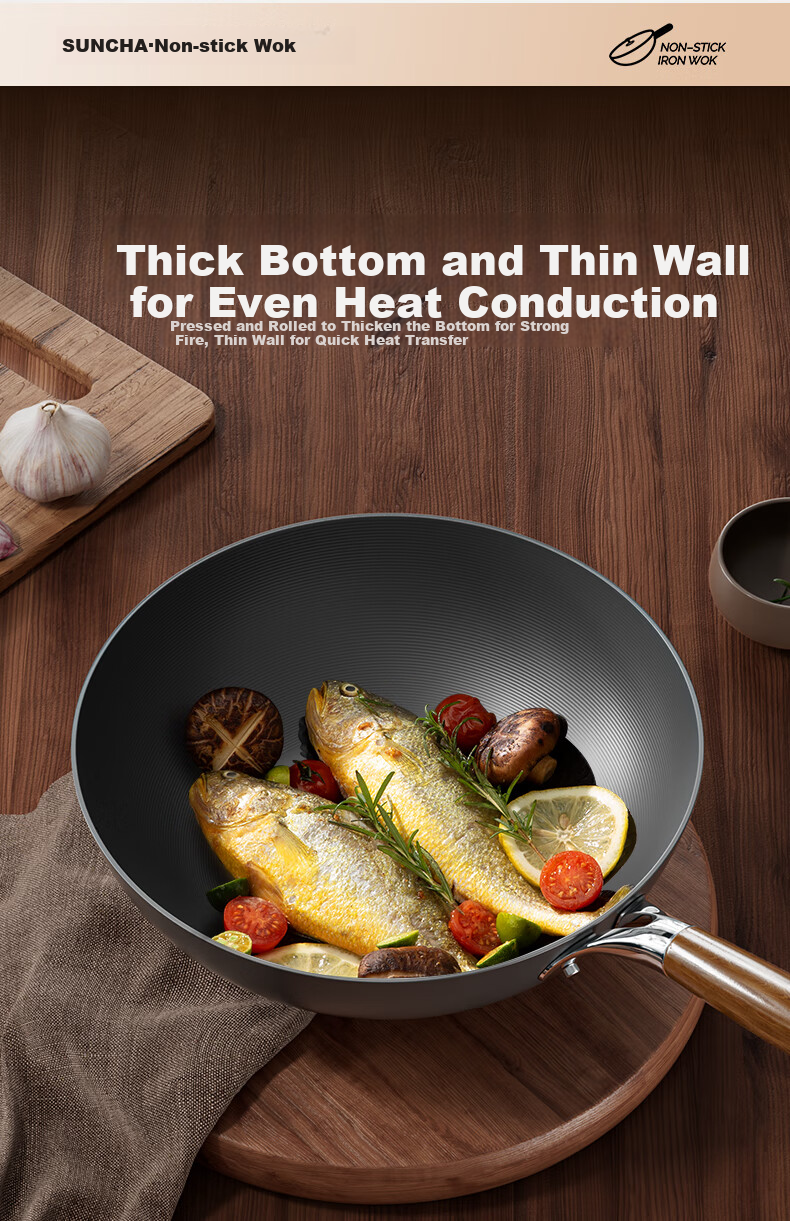 Suncha Iron Wok, High-Purity Pure Iron Non-Coated Non-Stick Pan for Stir-Frying, Compatible with Gas And Induction Stoves, 32cm, Pre-Seasoned 14
