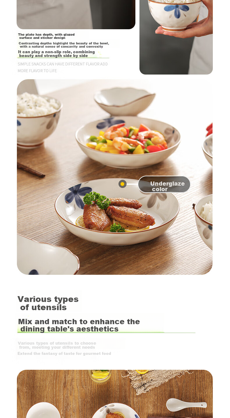Hechuanwu Japanese-Style Tableware Set, Underglaze Color Ceramic Bowls And Chopsticks Set, Home Use Tableware Set, Housewarming Gift, 16-Piece Antique-Style Combinatio 5
