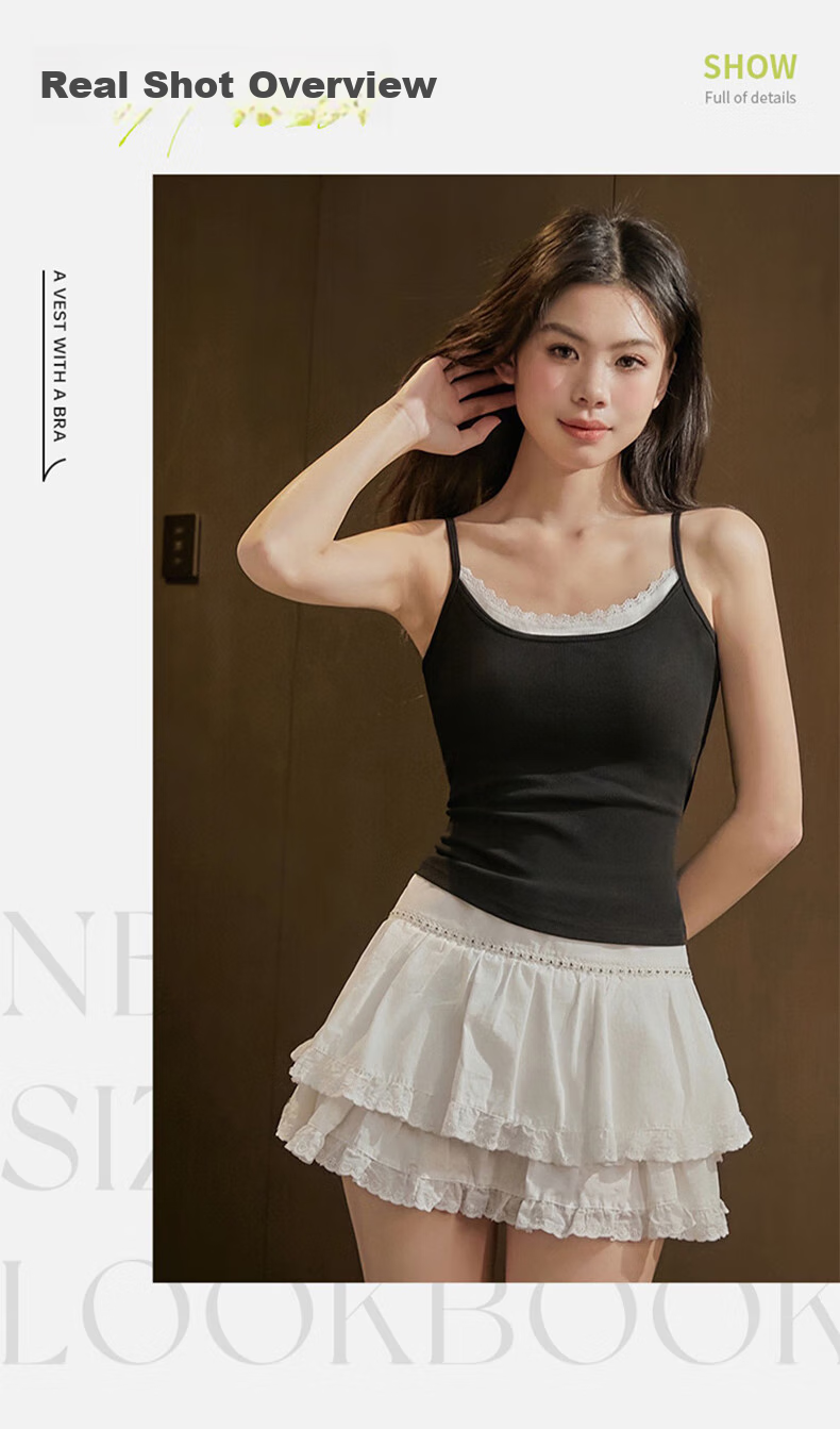 MiiOW Women's Camisole Tank Top for Summer, Sweet And Sexy Two-Piece Design, Black And White Inner Layer with Chest Pads, Conceals Side Boob, Can Be Worn As Outerwear Or Undershirt 12