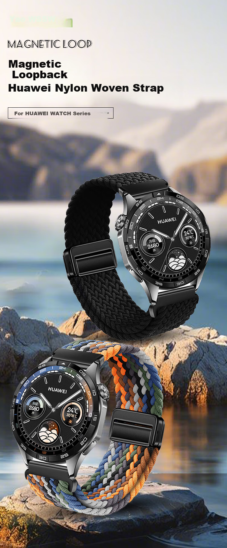 MSSM Compatible Huawei Watch GT6 Strap Watch5/GT5Pro/GT5/4/3/Watch4Pro/3Pro Nylon Woven Magnetic Buckle Strap [Space Gray] 22mm 1