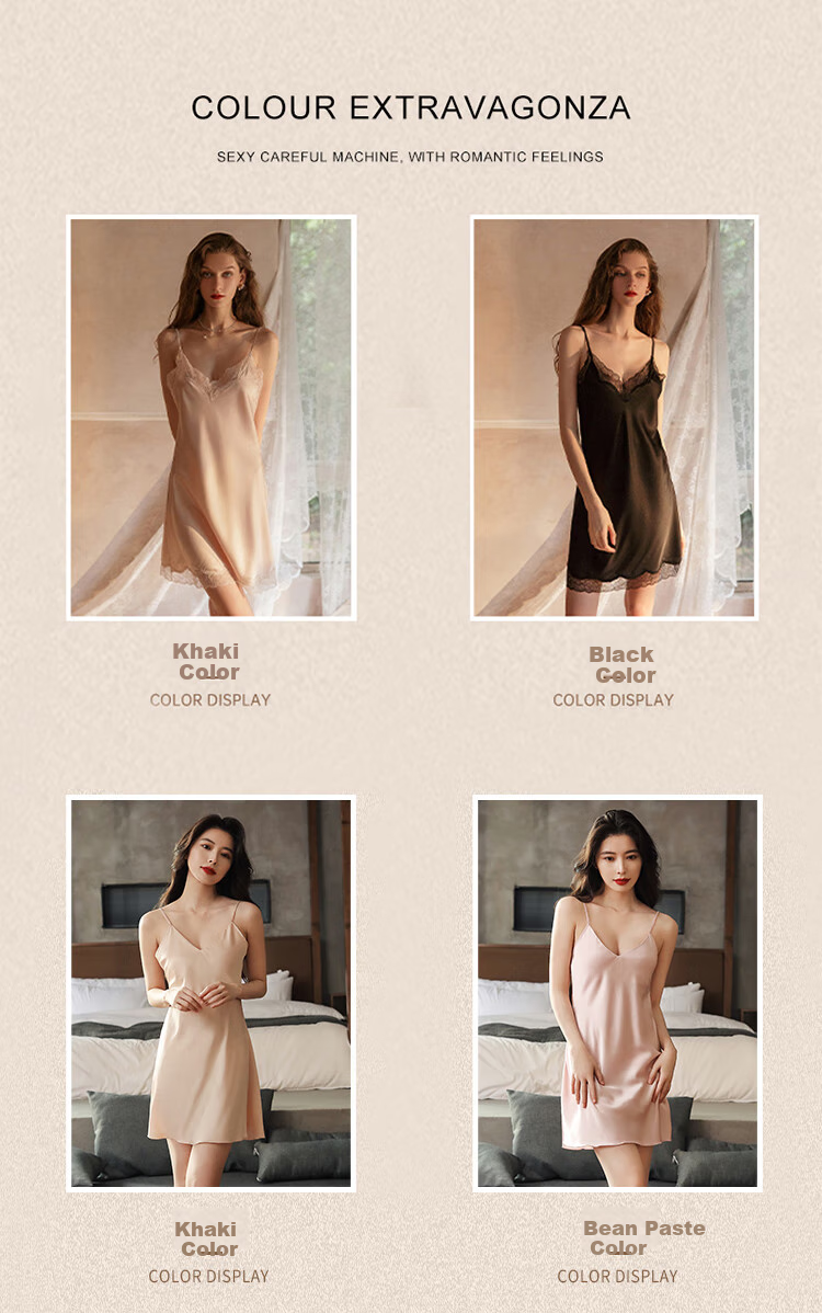 MiiOW Women's Summer Nightgown, Faux Silk with Built-In Bra Pads, Sexy Spaghetti Strap Dress, Lace Loungewear, Khaki, Size M 2