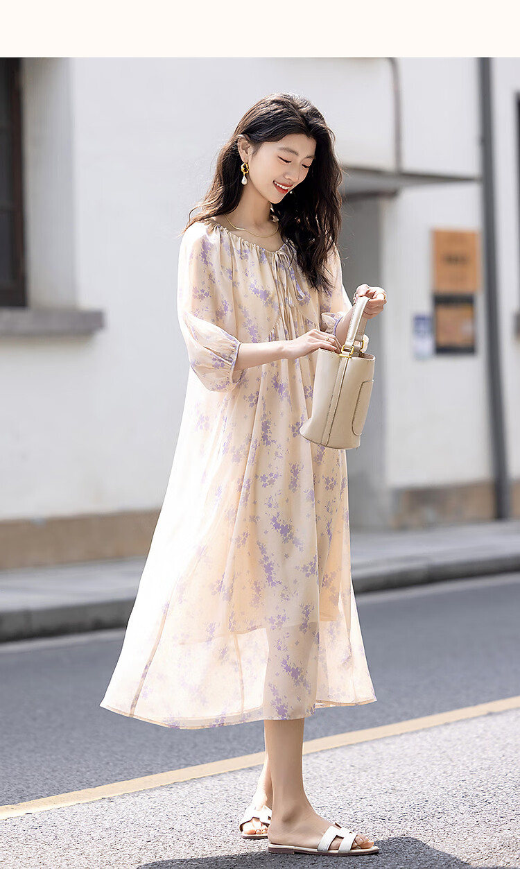 Demana "Human Elegance" Summer Lightweight 75D Chiffon Beaded Floral V-Neck Drawstring Puff Sleeve Women's Dress 9