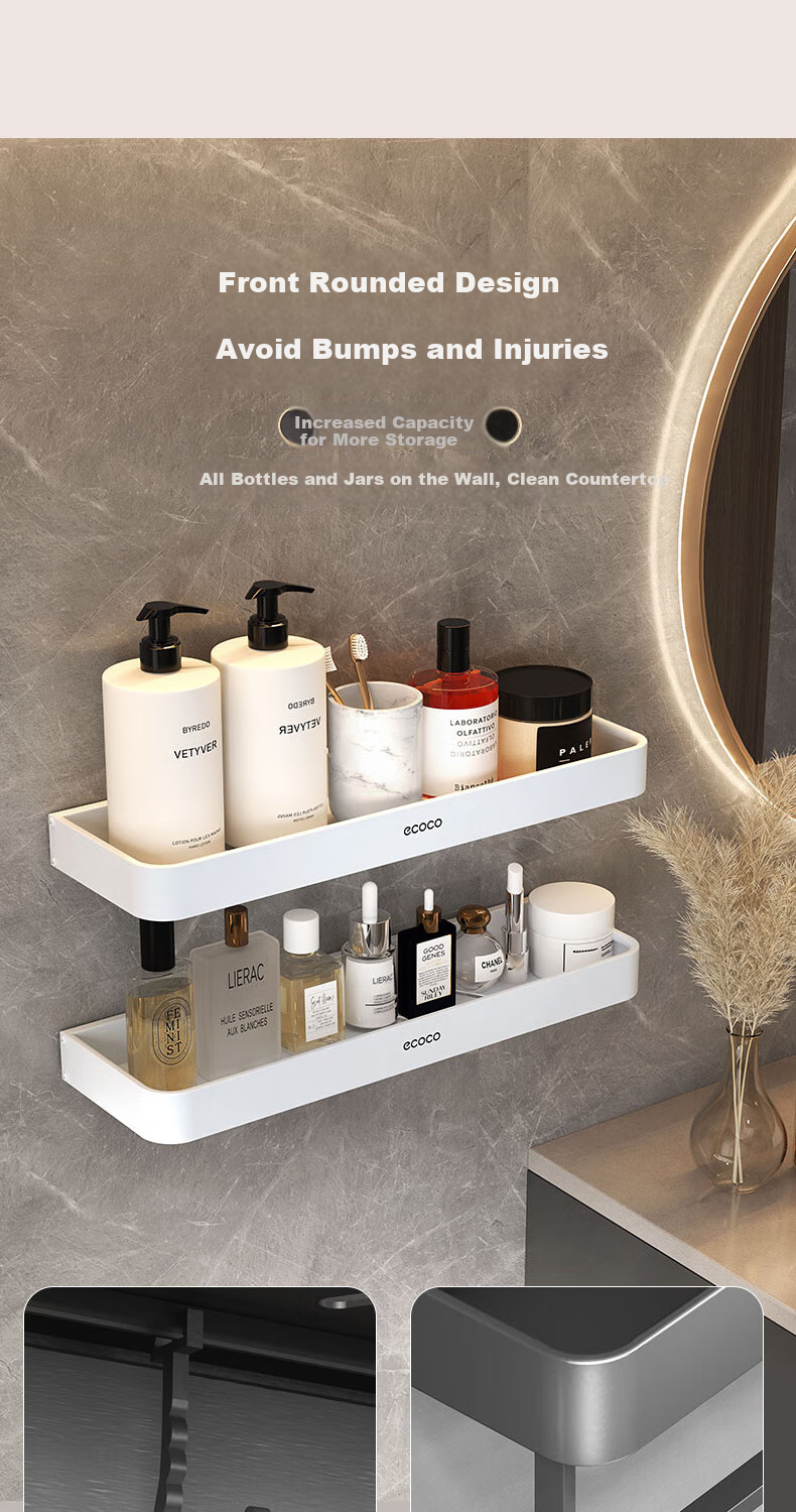 Ecoco Bathroom Storage Rack, No-Drill Wall-Mounted Space Aluminum with Hooks, Organizer Shelf for Bathroom And Kitchen, Gunmetal Gray 2