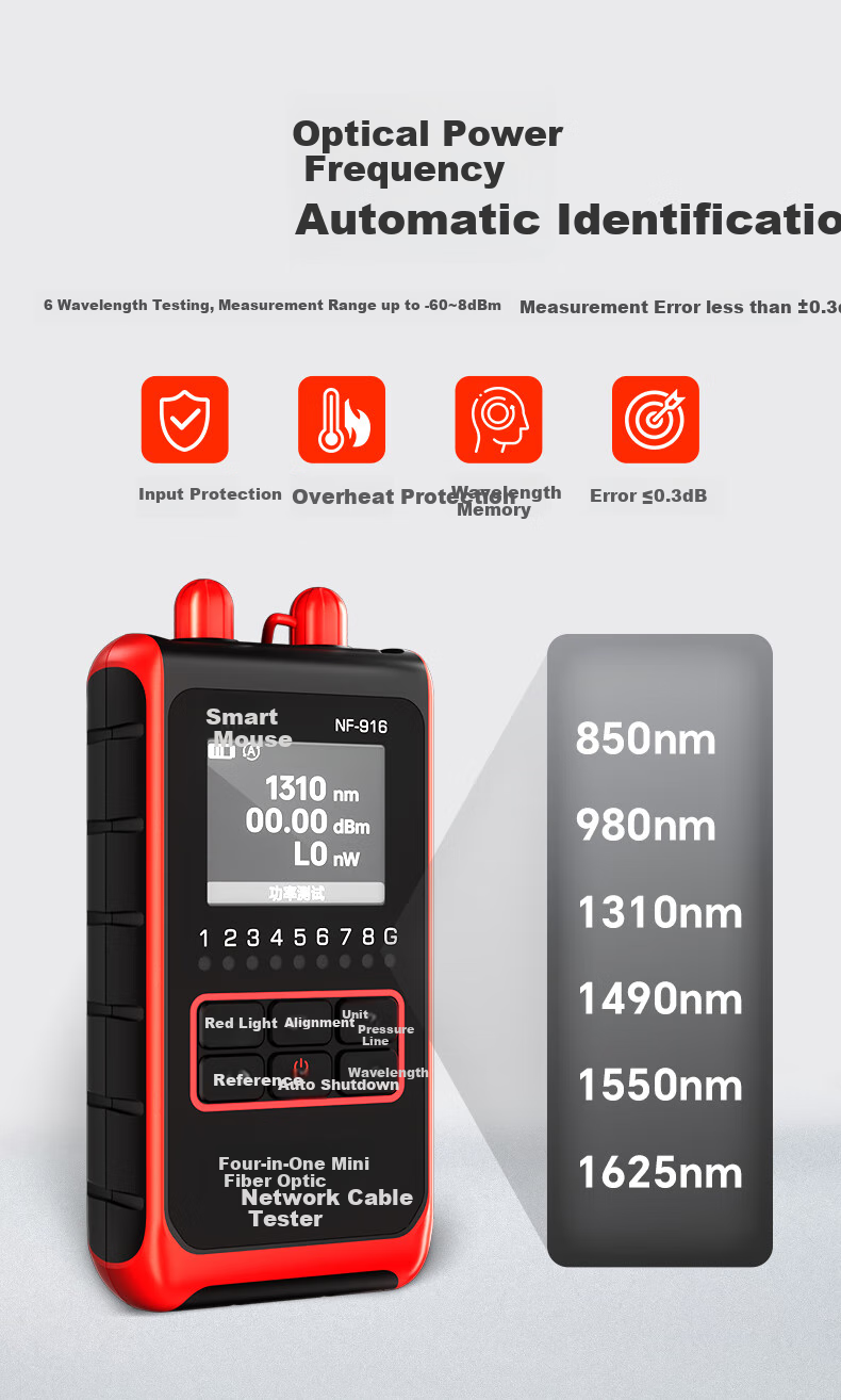 Jingmingshu NF-916 Mini Fiber Optic Cable Tester, Line Power Test Pen with Red Light, Four-In 2.5mm Interface Compatible with Various Connectors 8