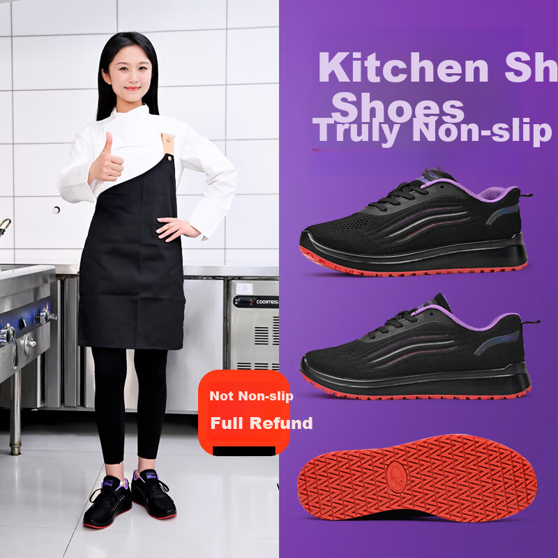 Chudun Chef Shoes for Women, Non-Slip And Oil-Resistant, Kitchen Work Shoes for Office, Soft-Soled, Breathable, Back Kitchen Work Shoes, Size 38, Black