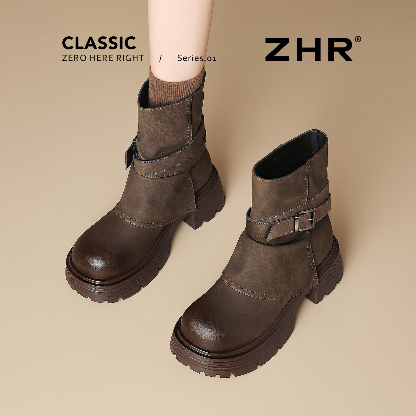 ZHR [Xu Ruohan Same Style] Women's Winter Thick-Soled Martin Boots Versatile Pant Leg Snow Boots KN261 Brown Size 35