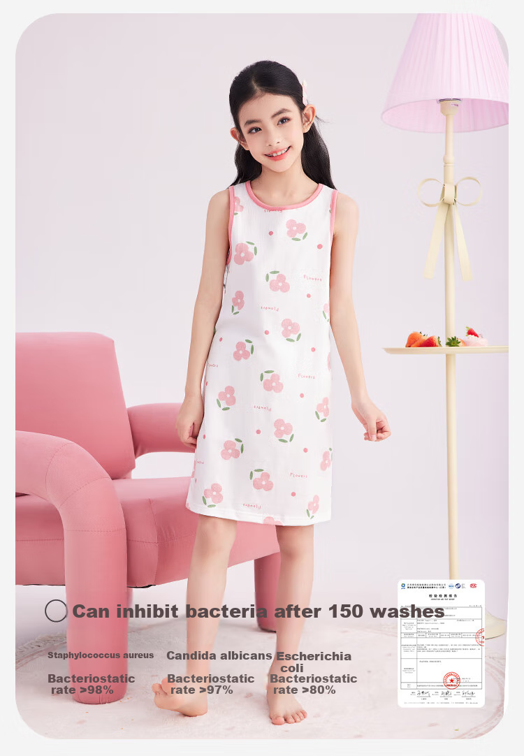 DEESHA [7A Antibacterial Comfort Cotton] Girls' Lightweight Breathable Nightgown, Spring And Summer Home Dress, White with Pink Flowers 2