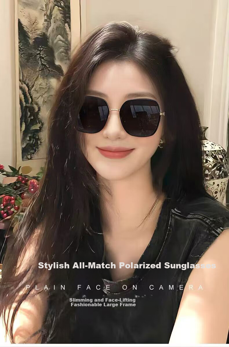AMORAYS Women's New Korean-Style Fashion Polarized Sunglasses, Face-Shaping, Suitable for Square And Round Faces, Making Face Look Smaller, Black And Gold Color 1