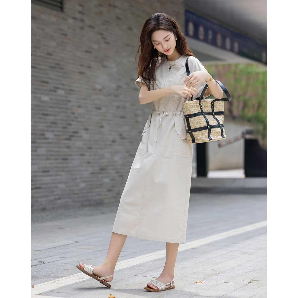 Demana [Healing Pure Cotton] Summer Workwear Style Stand Collar Sleeve Fold Adjustable Waist Petite Women's Dress