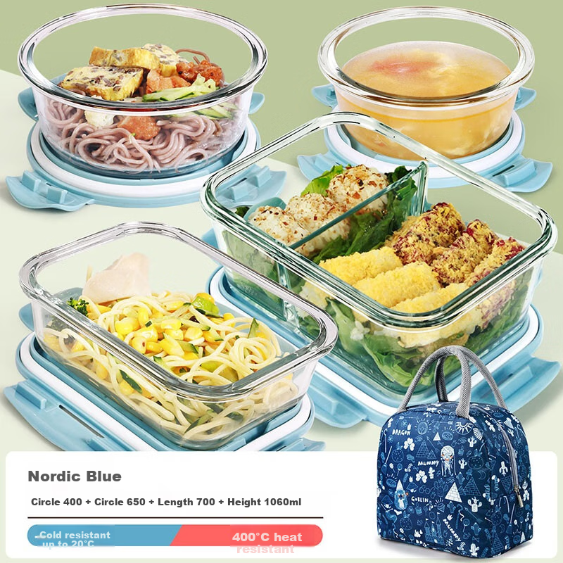 Chuangde Heat-Resistant Glass Food Storage Containers, Microwave-Safe Lunch Boxes for Office Workers, Bento Boxes, Blue 400+650+700+Divided 1060+Bag