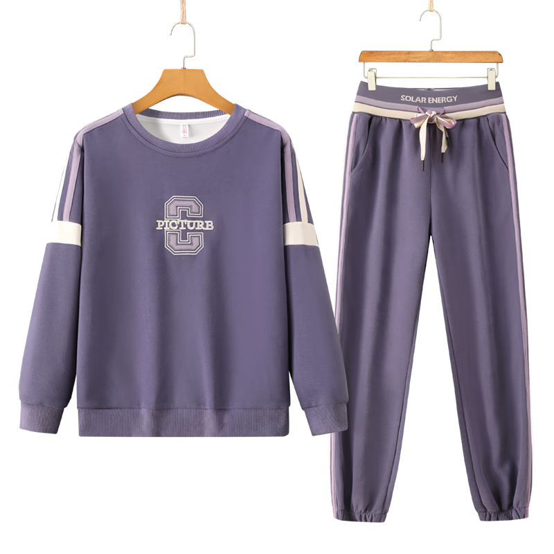 Woodpecker Women's Sports Long Sleeve Set Autumn Fashion Slim Casual Plus Size Sweatshirt Two-Piece Light Purple 2XL