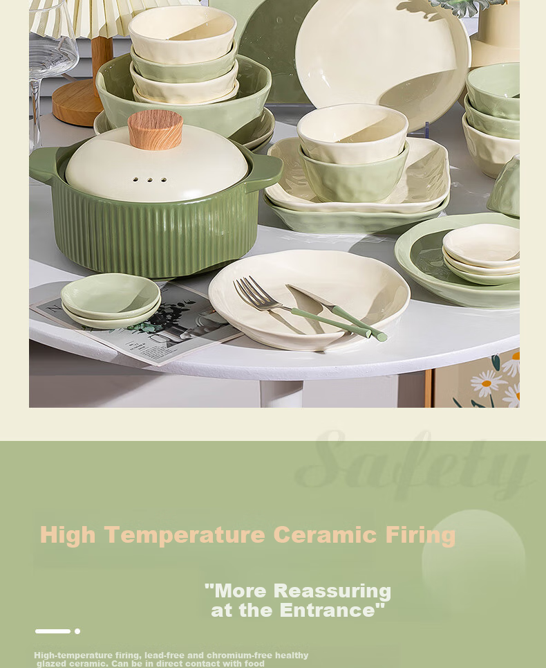 KANGMO New Home Cream Style Ceramic Dinnerware Set, Moving Gift, 26-Piece Yellow And Green Tableware Set 5