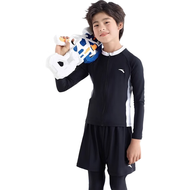 ANTA Children's Two-Piece Swimsuit, 2024 Summer New Style, Boys' Swimwear, Square-Cut Swim Trunks, Long-Sleeve, Hot Spring Bathing Suit, Blue, Size 140