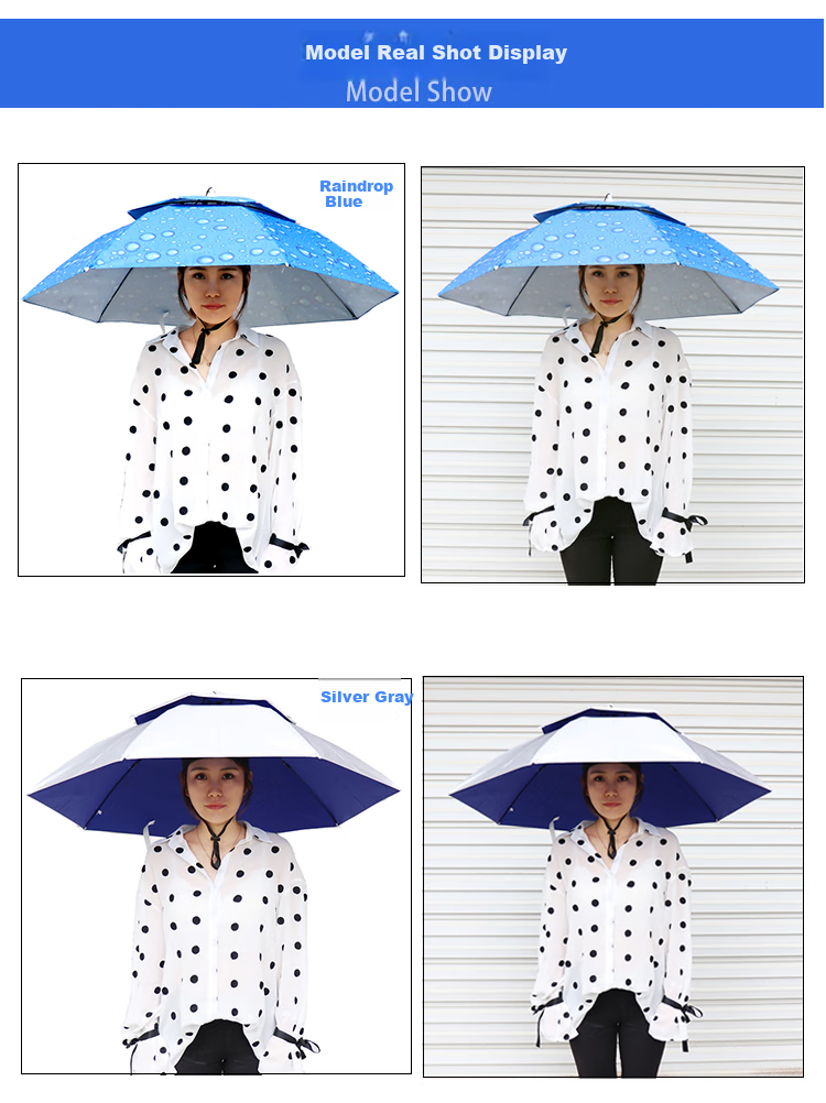 Adandyish Fishing Umbrella Hat, Foldable Double-Layer Tea-Picking Head Umbrella Hat, Raindrop Blue Silver-Gray Color, 2-Piece Set 7