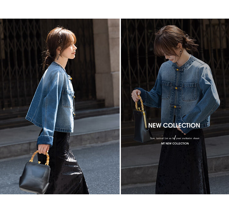 MT New Chinese Style Autumn Exquisite Fashion Small Frog Button Turn-up Sleeve Denim Jacket 8