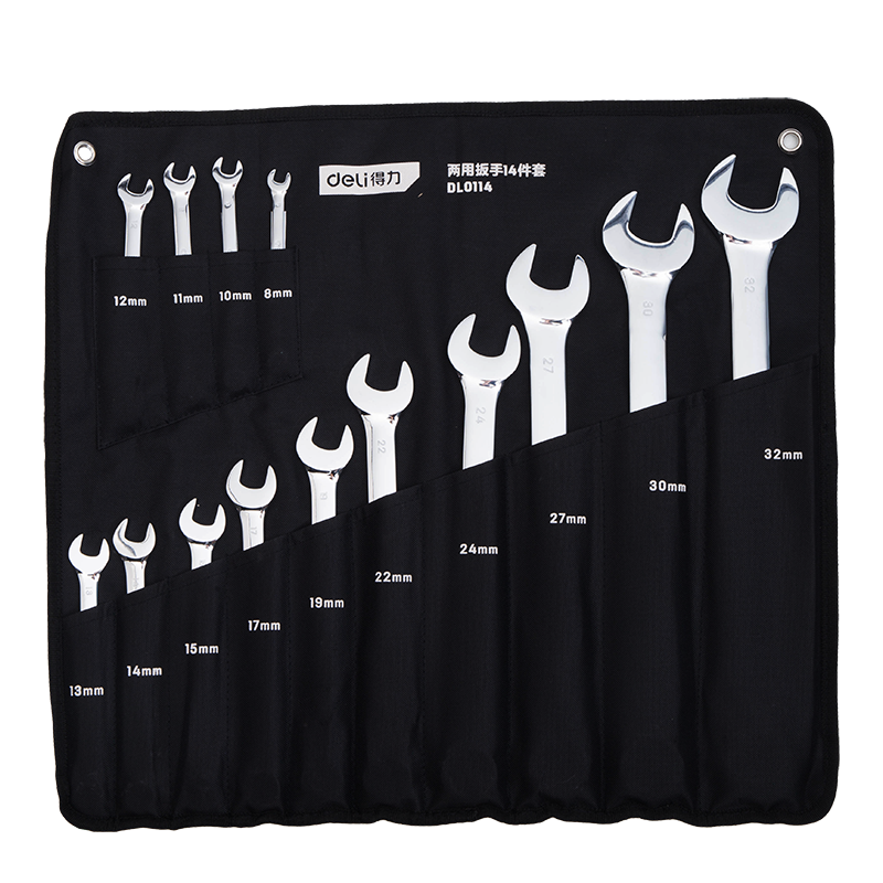 Deli Open-End Plum Blossom Wrench, Dual-Purpose Wrench Set, Auto Repair And Machine Repair Open-End Wrench, 14-Piece Set