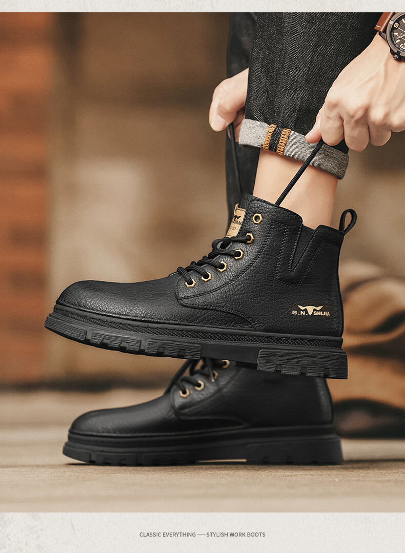 Bull Family Men's Boots Autumn Winter New British Retro Martin Boots Thick Sole Wear-Resistant Men's Work Boots Versatile Casual High-Top Shoes 12