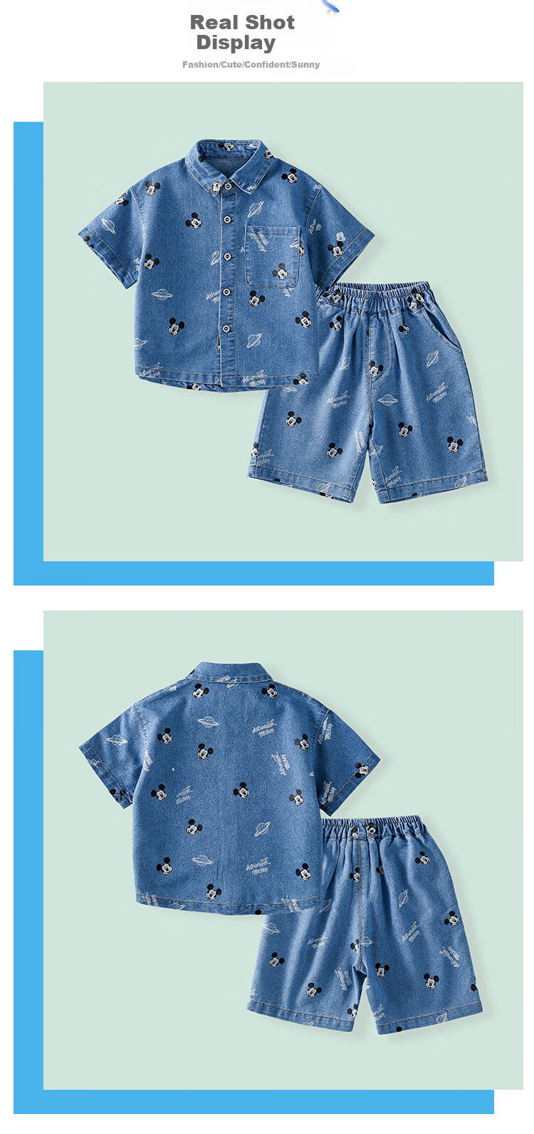 Disney Children's Outfit, Boys And Girls Summer Set, 2026 New Style, Trendy Denim Short-Sleeve Shorts, Casual Two-Piece Set 5