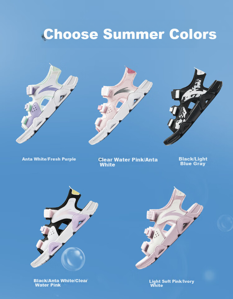 Anta Kids Sports Sandals Girls Big Kids Summer Breathable Velcro Open Toe Beach Shoes A22326962J 10