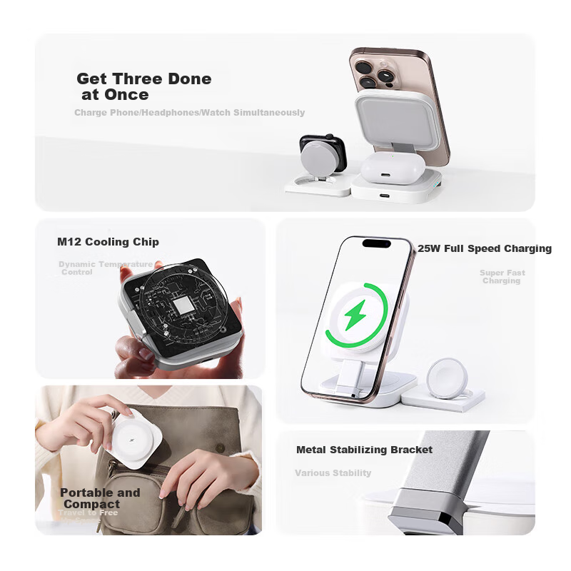 Беспроводное зарядное устройство W&P 3-в-1 для iPhone, Apple Watch, AirPods