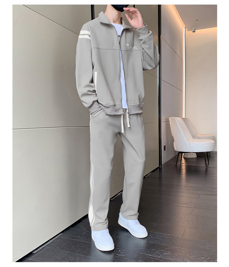 PLAYBOY Men's Casual Loose Outdoor Sports Running Two-Piece Set, Stand-Up Collar Long-Sleeve Menswear, Apricot Color, XL 22