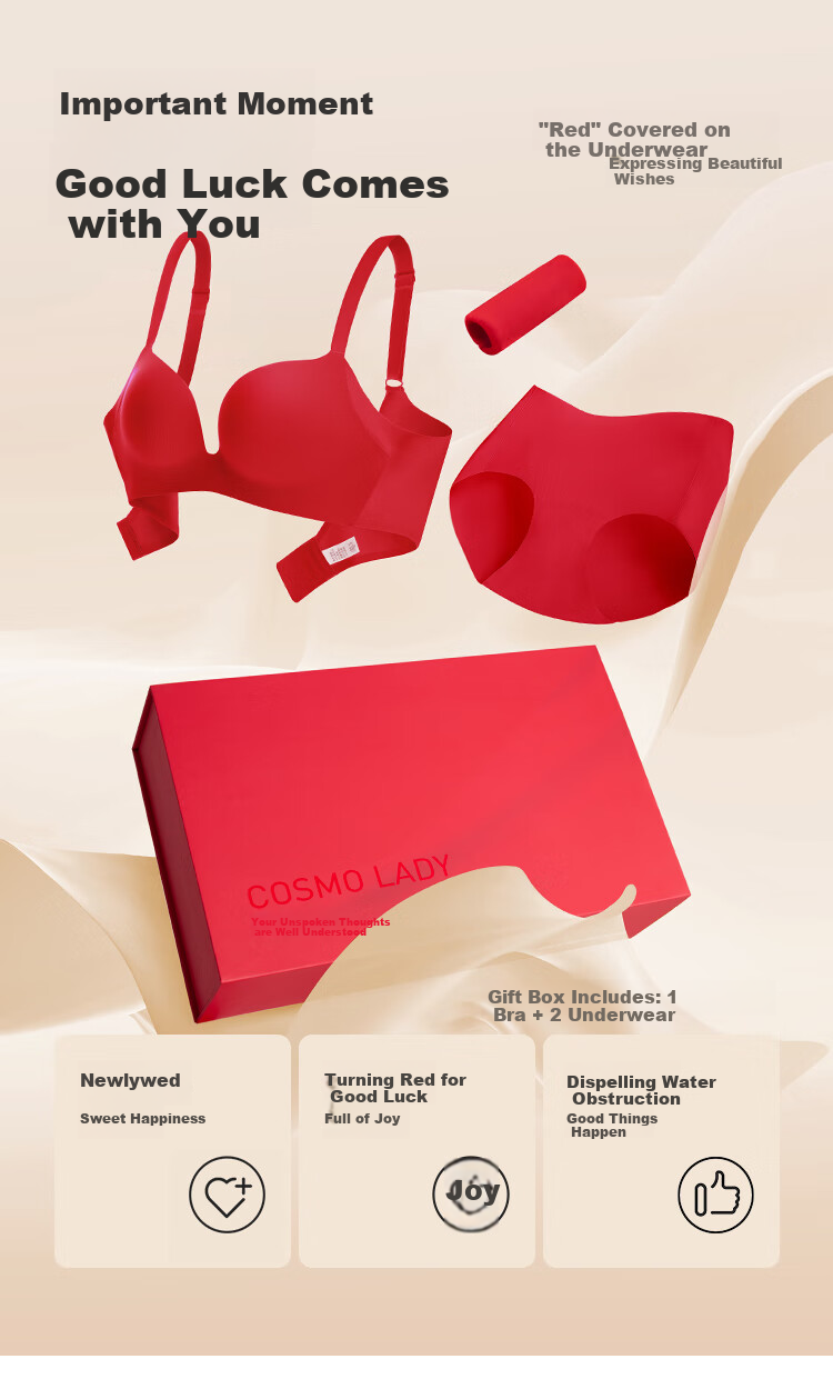 Dushiliren Zodiac Year Lingerie Set for Women, New Year Red Bra Gift Box, Seamless Wireless Push-Up Bra + 2 Panties 2