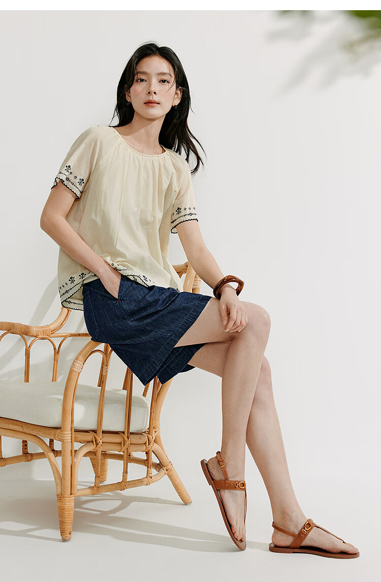 Inman French Style 100% Cotton Embroidered Shirt Summer Women's Casual Vacation Short Sleeve Blouse Beige M 23
