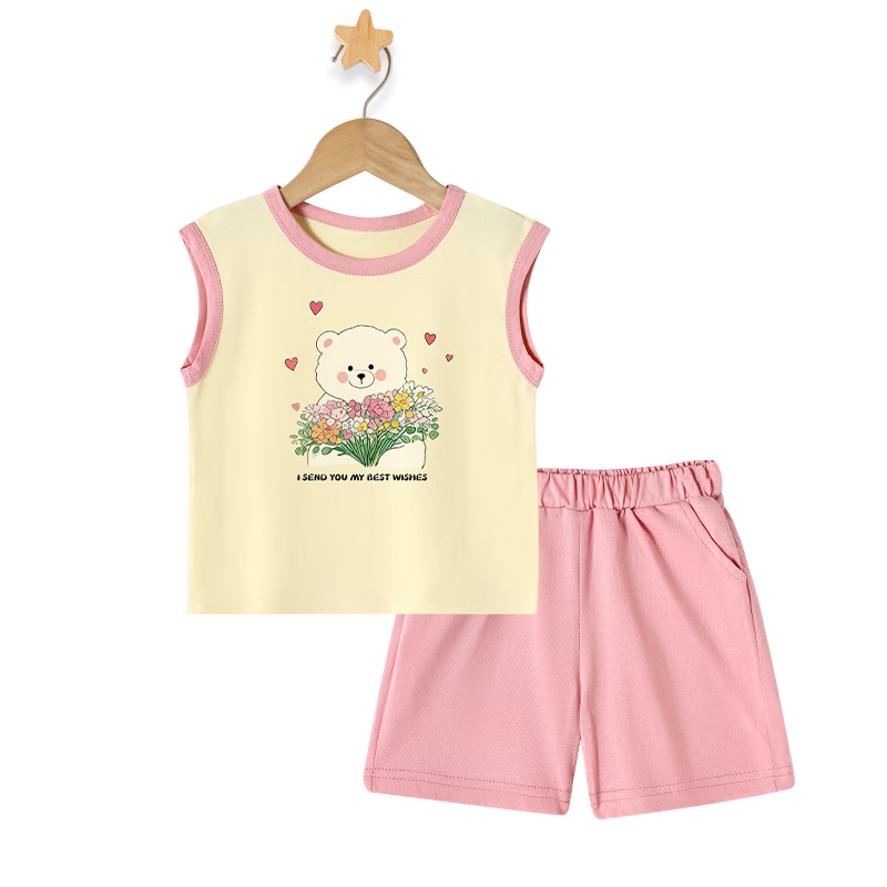 Badibadi Summer Baby Toddler Cotton Set Sleeveless Vest Shorts Unisex Baby Pink Floral Bear 140