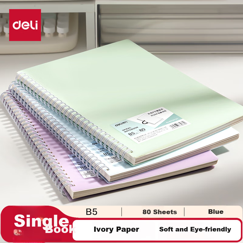 Deli Spiral Notebook, PP Spiral Journal, Exercise Book, Middle And High School Notebook, B5 Size, 80 Sheets, BDLB5-02 Blue Single Pack
