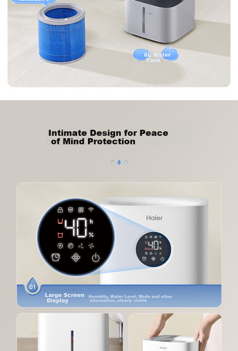 Haier Humidifier for Home Use, Non-Water Mist Evaporative Type, Recommended for Bedroom, Baby, Office, Negative Ion Purification, Air Purifying, Large Capacity, Smart Timer, UV Sterilization, Floor-Standing Humidifier 16