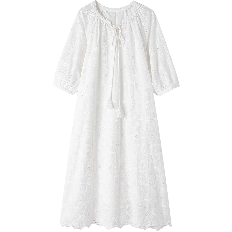 Demana Fresh Cotton Spring Autumn Water-Soluble Lace Embroidered Tea Break Dress with Tassel Cotton Rope and Ruffle Hem Women's Dress