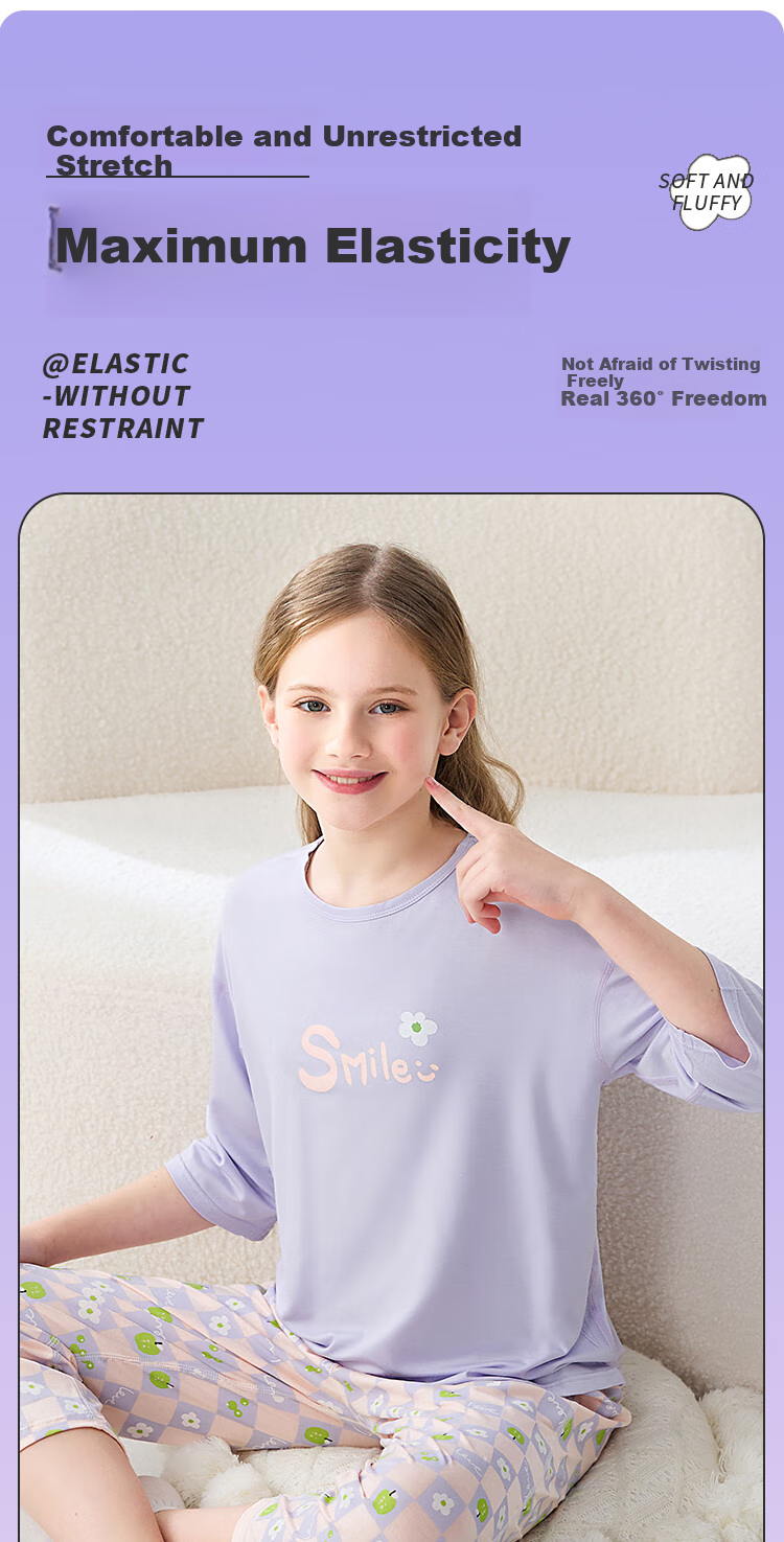 LangSha Children's Pajamas for Girls, Summer Thin Lycra Cotton Three-Quarter Sleeve Sleepwear Set for Middle And High School Students, Teenage Home Wear 6