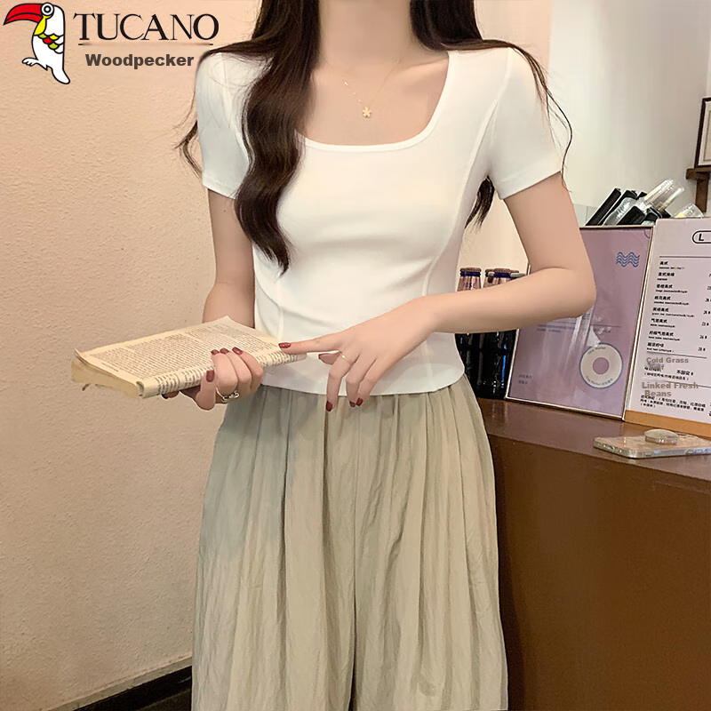 TUCANO Short-Sleeve T-Shirt for Women, Square Neck, Summer 2025, Crop Top Design, Niche Style, Regular Shoulder, Hot Girl Half Sleeve, White, 2XL