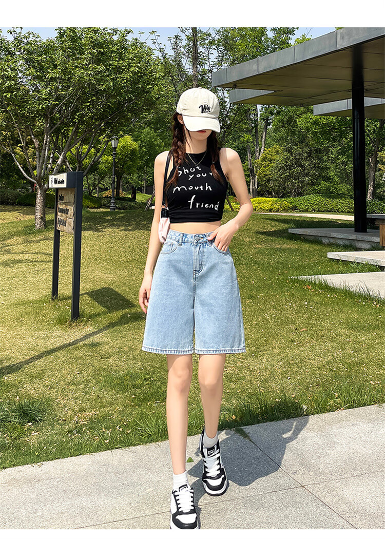 Jeanswest Women's High-Waist Five-Point Summer Loose Straight-Leg A-Line Petite Mid-Length Denim Shorts Dark Blue 25 14