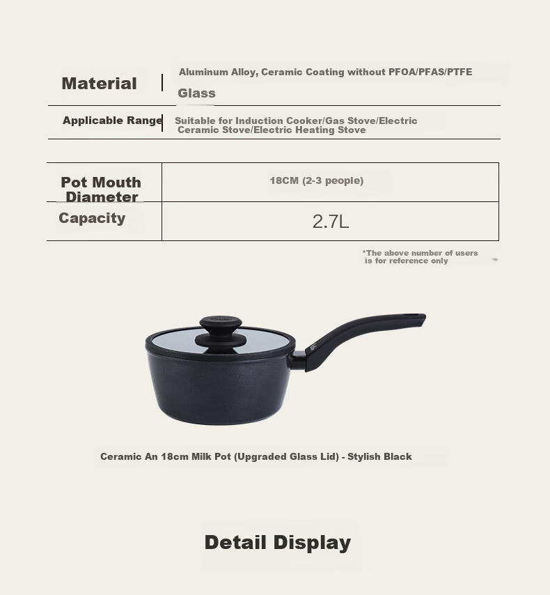 Feishile Ceramic Non-Stick Milk Pot 18cm, Household Ceramic Cookware for Single Serving, Baby Food Pot, Breakfast Noodle Pot 8