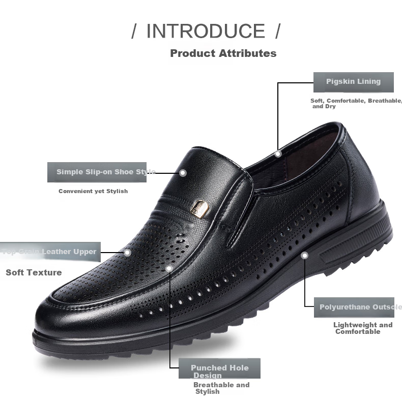 LAORENTOU Men's Leather Shoes, Business Casual Shoes, Top-Grain Leather Slip-Ons with Buckle Decoration, Wear-Resistant Breathable Sandals, Hollow Breathable Shoes, Perforated Shoes LL13203 Black Size 38 3