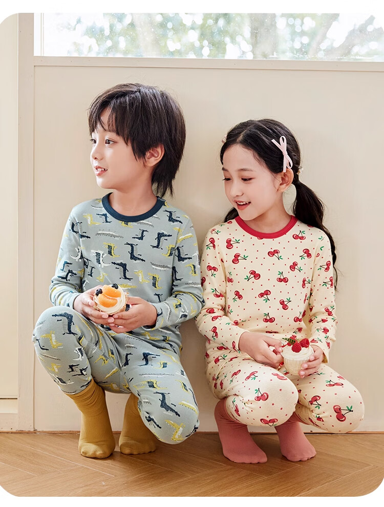 XUEXIMAN Kids Cotton Antibacterial Thermal Underwear Set Boys Girls Baby Warm Pajamas Homewear 7