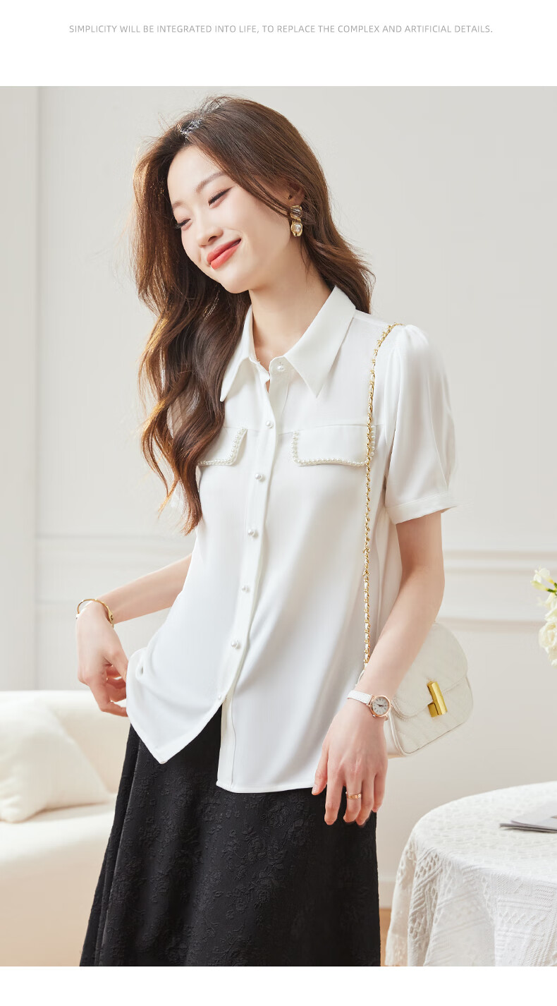 JEANSWEST Women's Summer Beaded Short Sleeve Satin Shirt Professional Design Elegant Commuter Top White XL 15