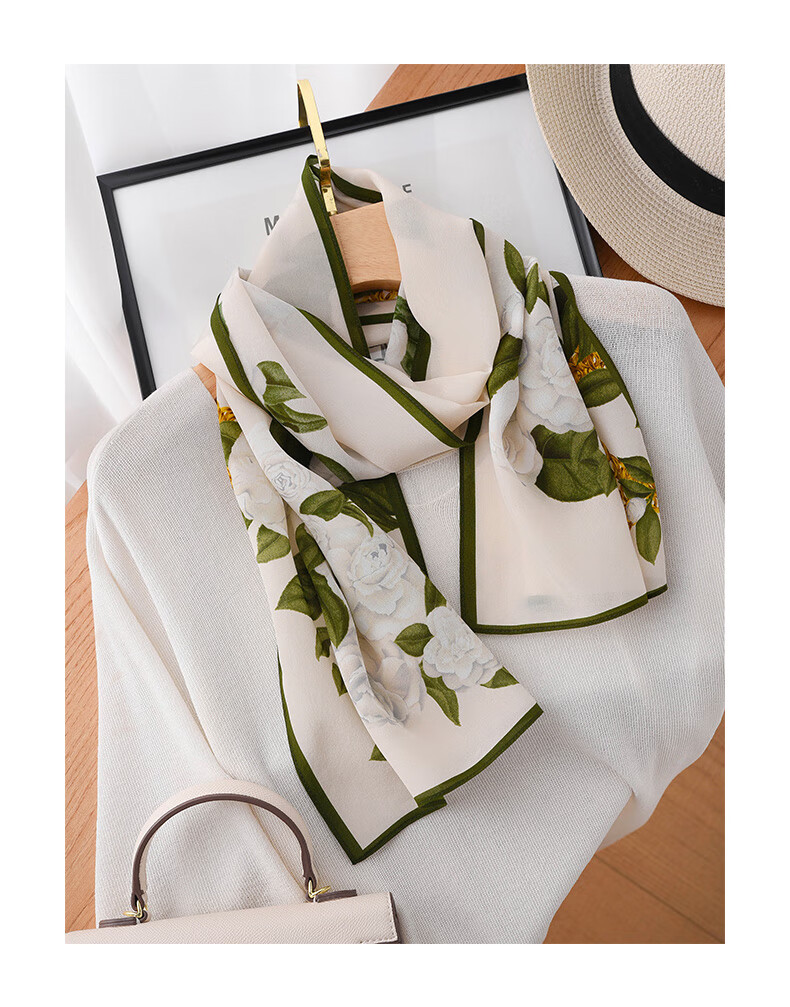 Hangsifu Silk Scarf Shawl Wrap Neckwear, Birthday Gift Box for Mom, Practical Ladies' Gift, Green And White 11