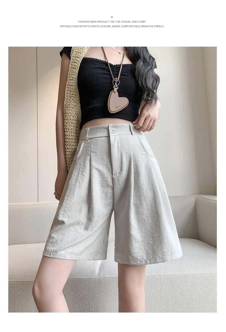 LangSha Milk Puff Suit Shorts for Women, Ice Silk Summer New High-Waist Loose Casual Mid-Length Pants, Relaxed Loose-Fitting Five-Point Shorts 30